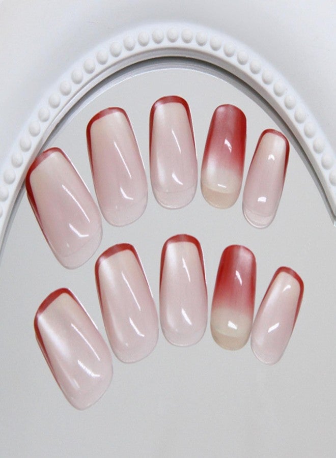 YoYoee 24Pes Short French Press on Nails - Square Fake Nails Nude Gradient False Nails Full Cover Cat Eye Nails Tips for Women - Image 4